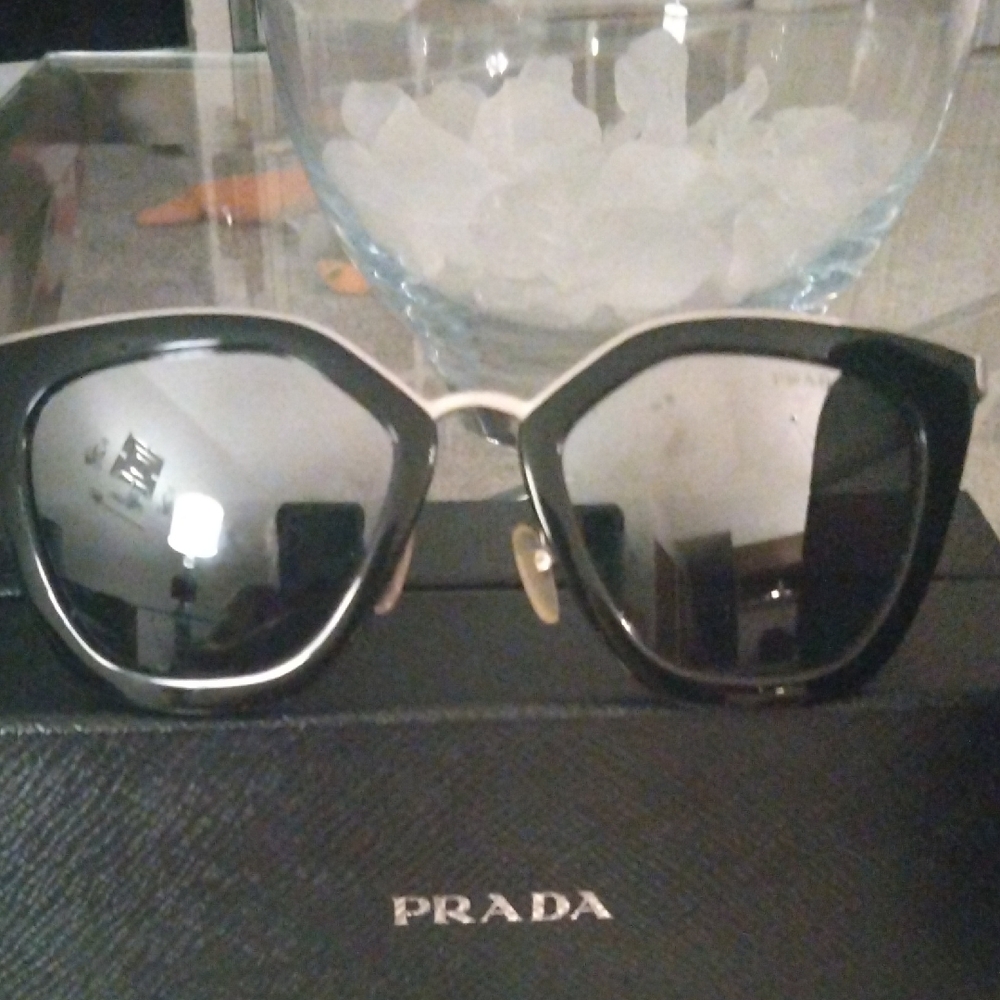 Prada Women's Sunglasses in Black and Silver Polarized Unique Hexagon Shape.